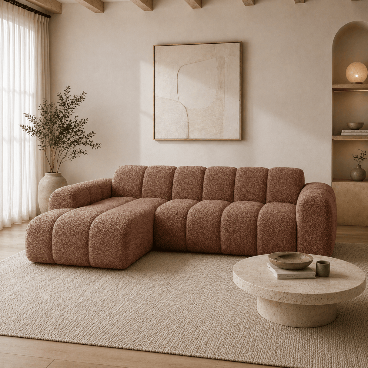 Banken-Hoekbank met lounge koper bouclé stof - strepen - links - Brix-Dimehouse