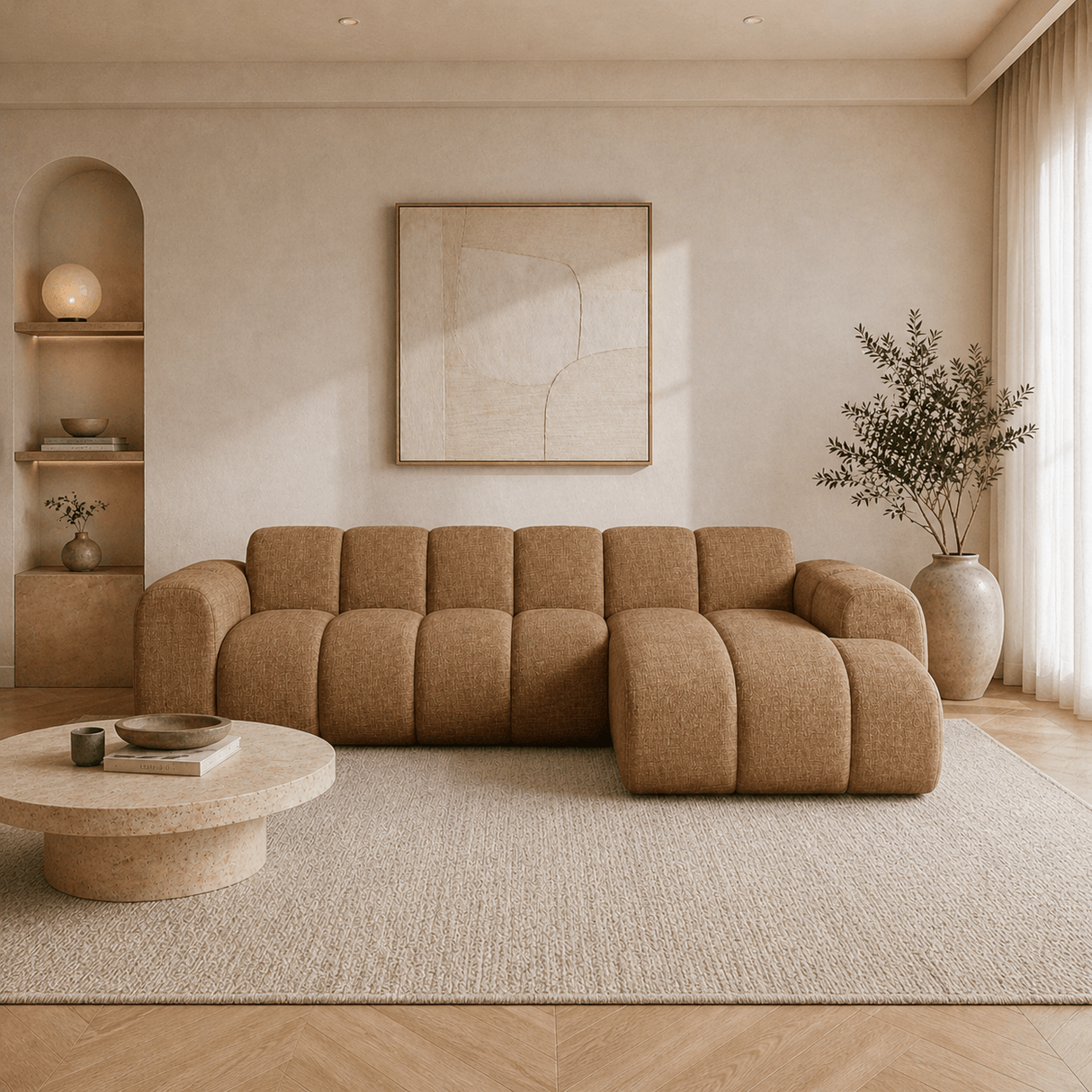 Canapé d'angle lounge tissu bouclé beige - rayures - gauche - Brix