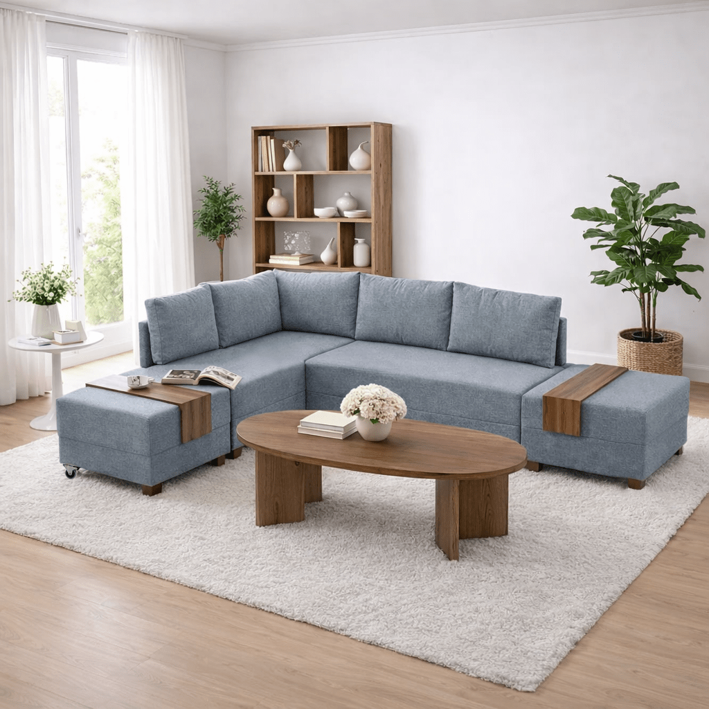 Banken - Slaapbank blauw stof - XXL 280 x 210 - Links - Fly - Dimehouse