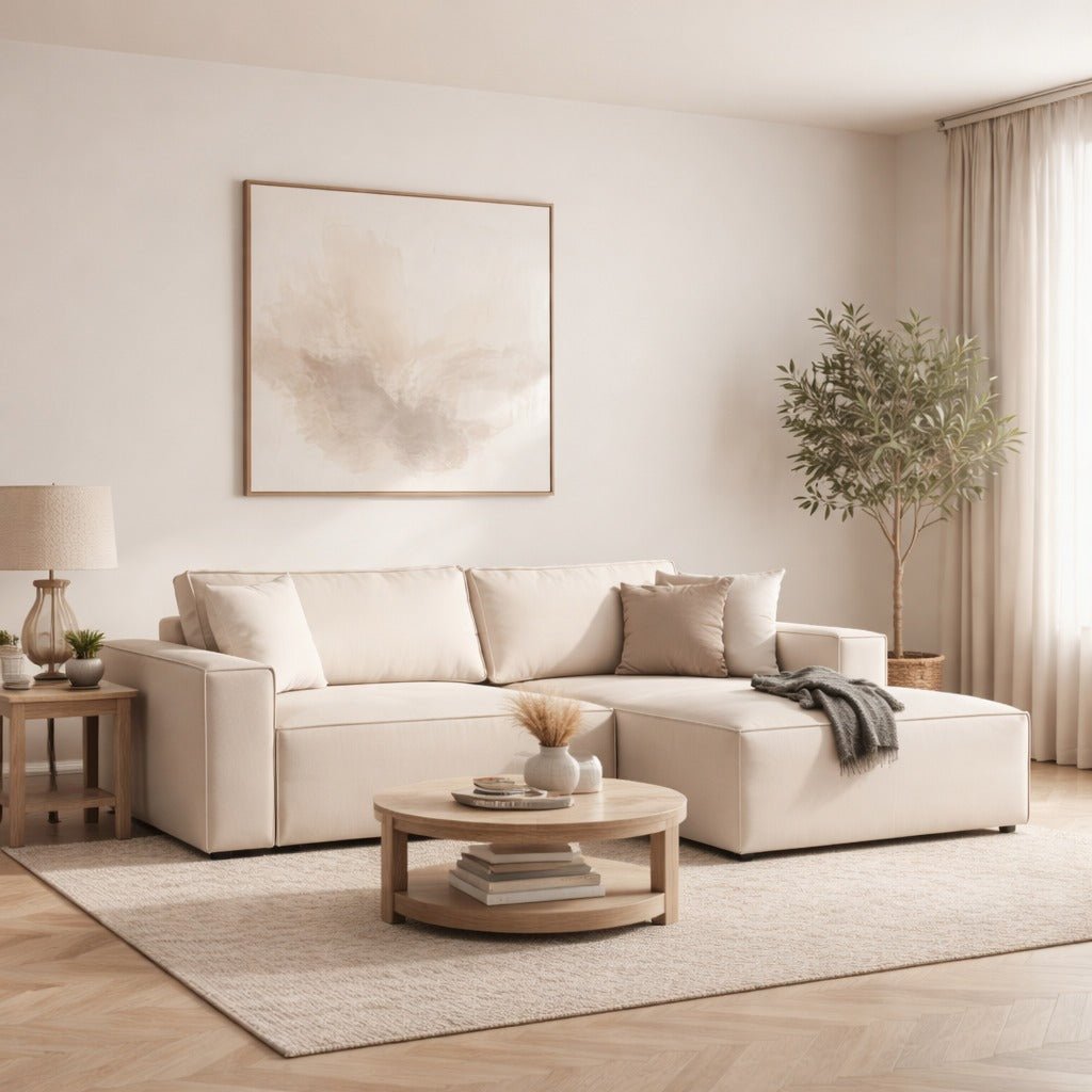 Canapé-lit en tissu beige - avec espace de rangement - angle droit - 260 x 170 cm - Pirlo