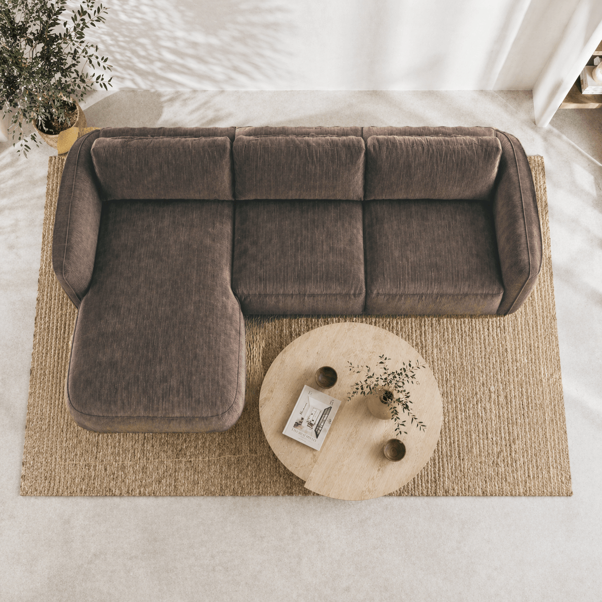 Banken - Hoekbank ronde longue mokka bruin velvet structuurstof Dwayne - links - Dimehouse