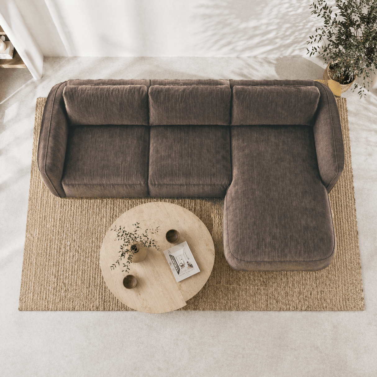 Banken - Hoekbank ronde longue mokka bruin velvet structuurstof Dwayne - rechts - Dimehouse