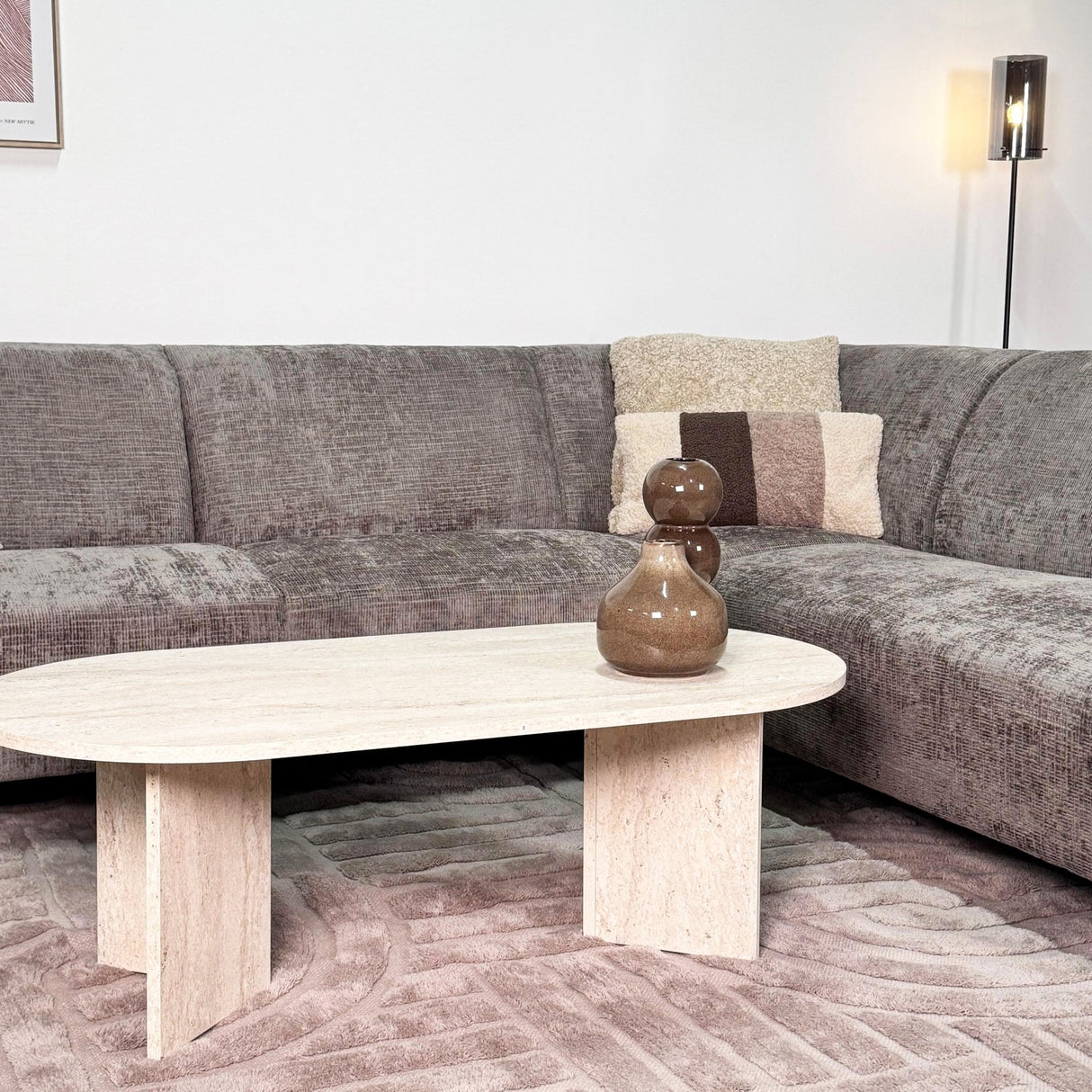 Canapé d'angle avec chaise longue en tissu chenille taupe Manon - à droite