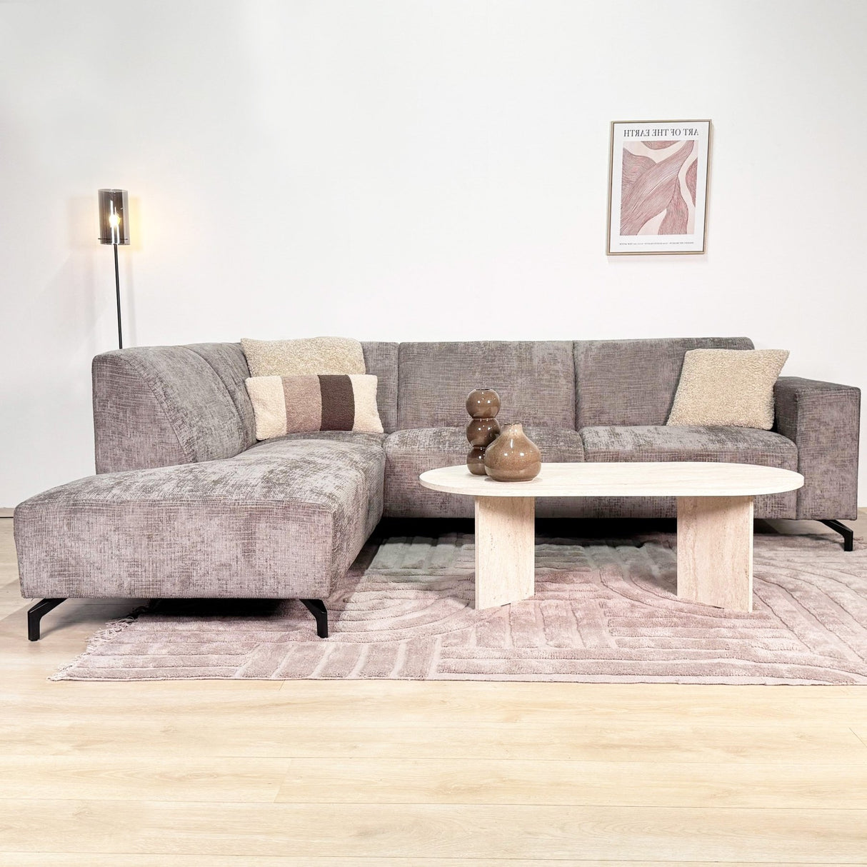 Hoekbank met chaise longue taupe chenille stof Manon - links
