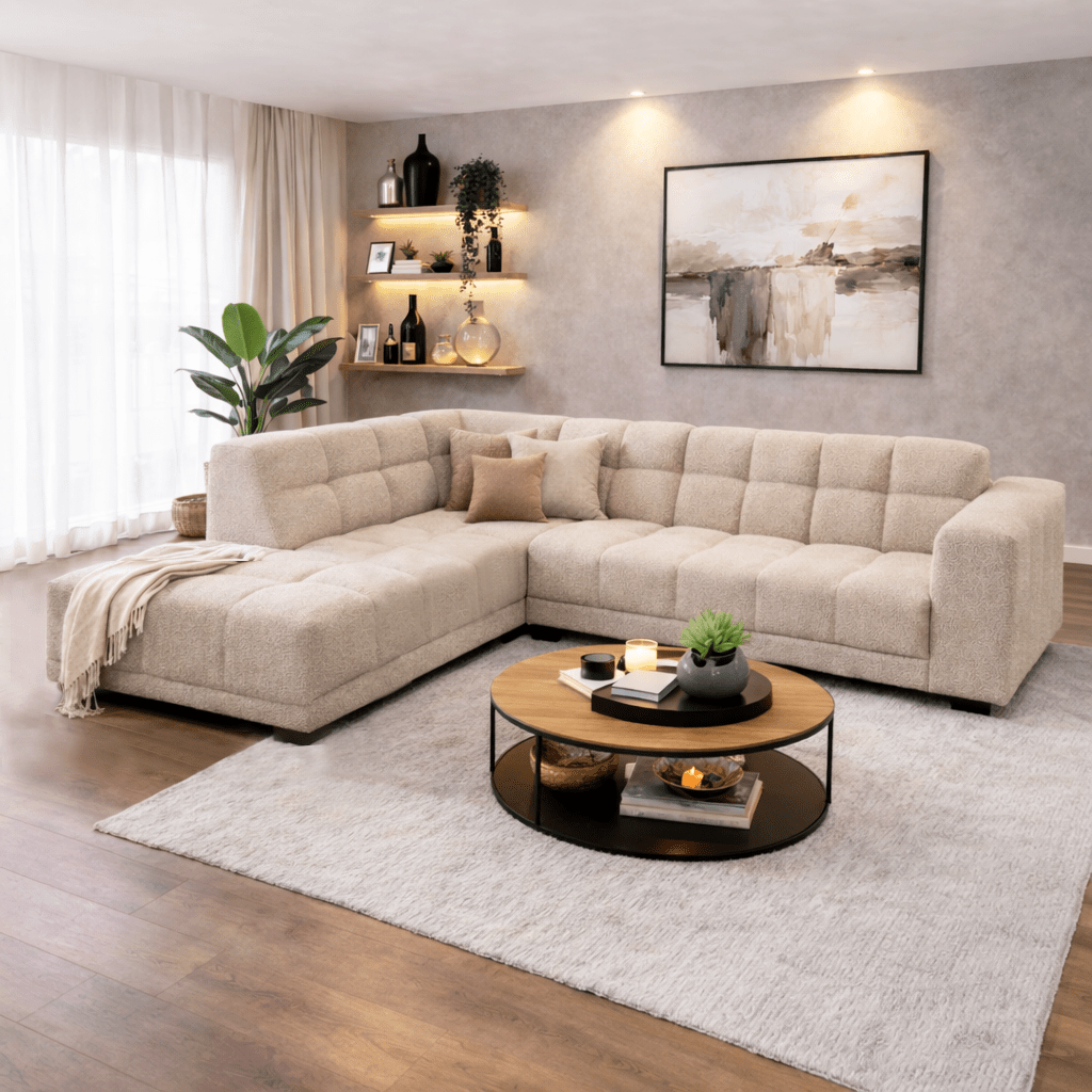 Hoekbank met lounge beige bouclé stof Nova - links