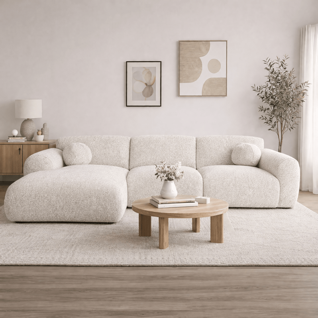 Canapé d'angle en tissu chenille beige Shane - à gauche