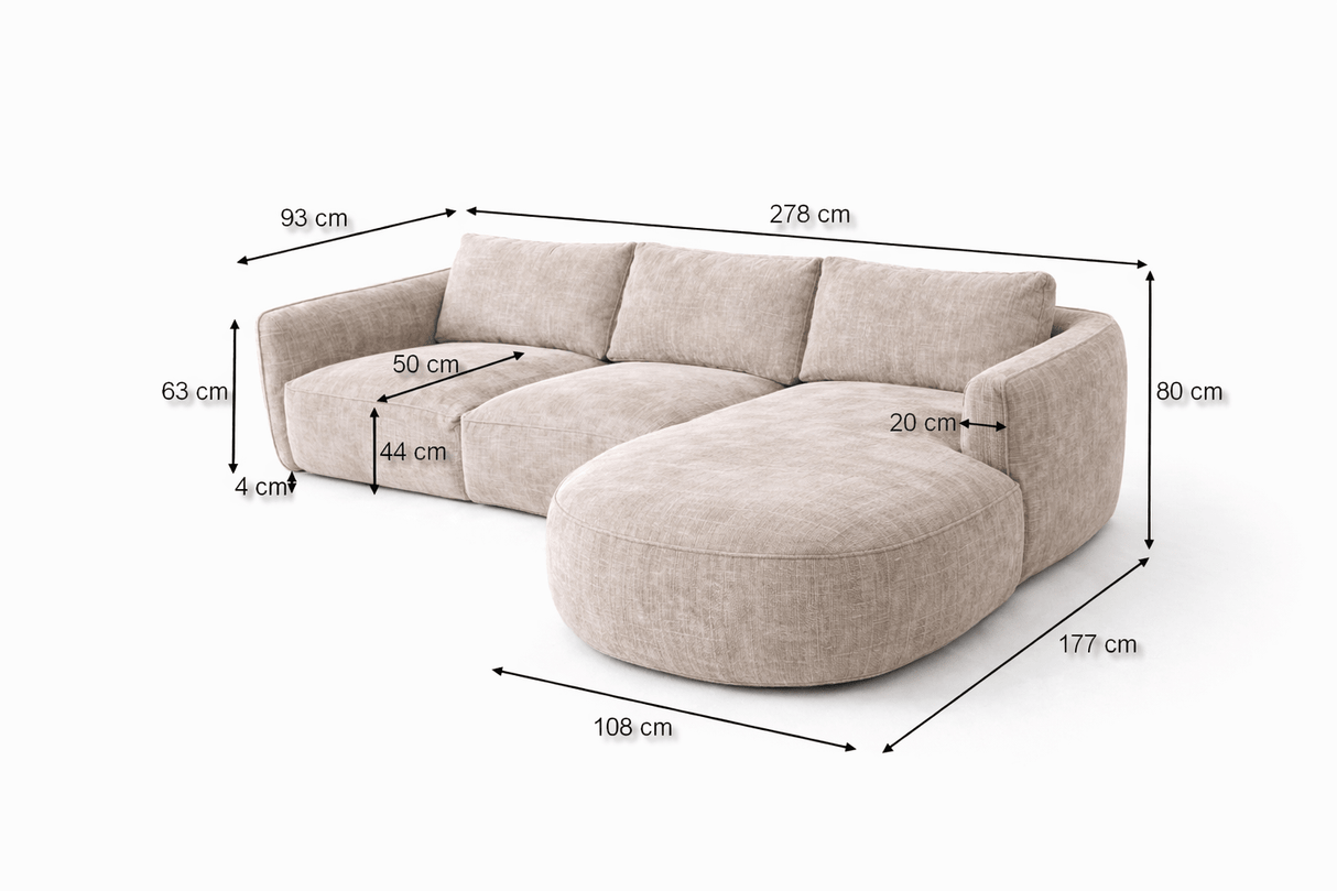 Canapé d'angle rond longue tissu texturé velours beige Dwayne - gauche