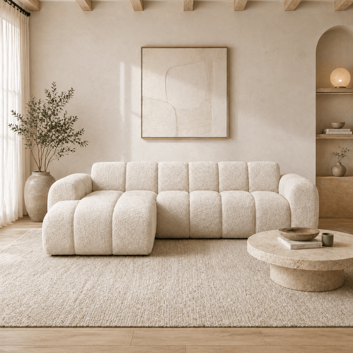 Banken - Hoekbank met lounge beige bouclé stof - strepen - links - Brix - Dimehouse