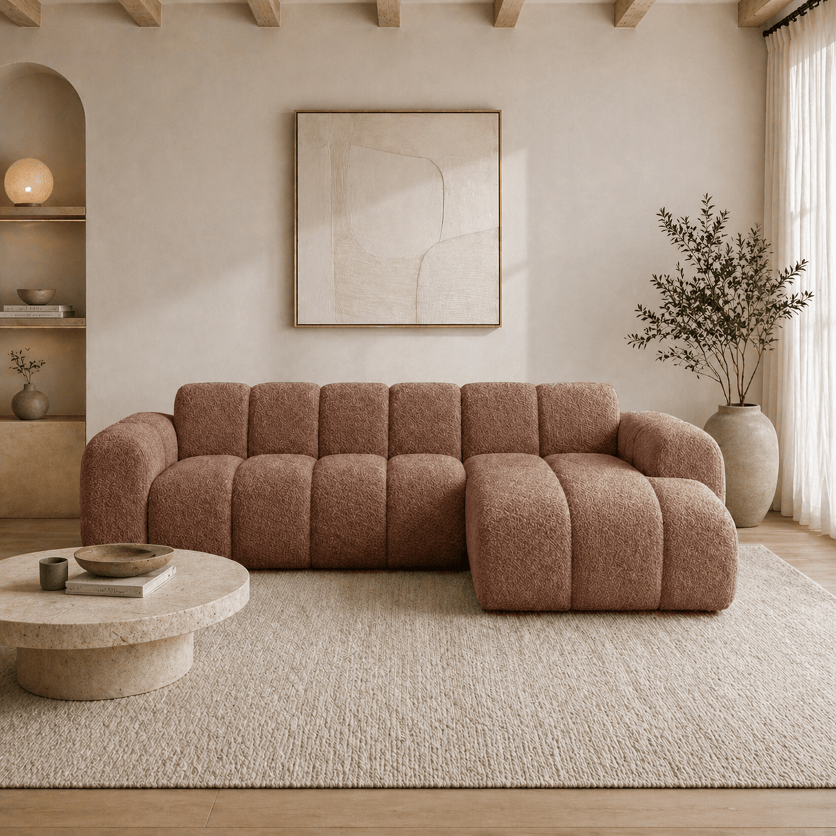 Canapé d'angle lounge tissu bouclé marron doux - rayures - droit - Brix