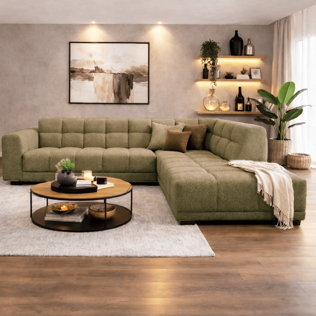 Hoekbank met lounge olijf groen bouclé stof Nova - rechts