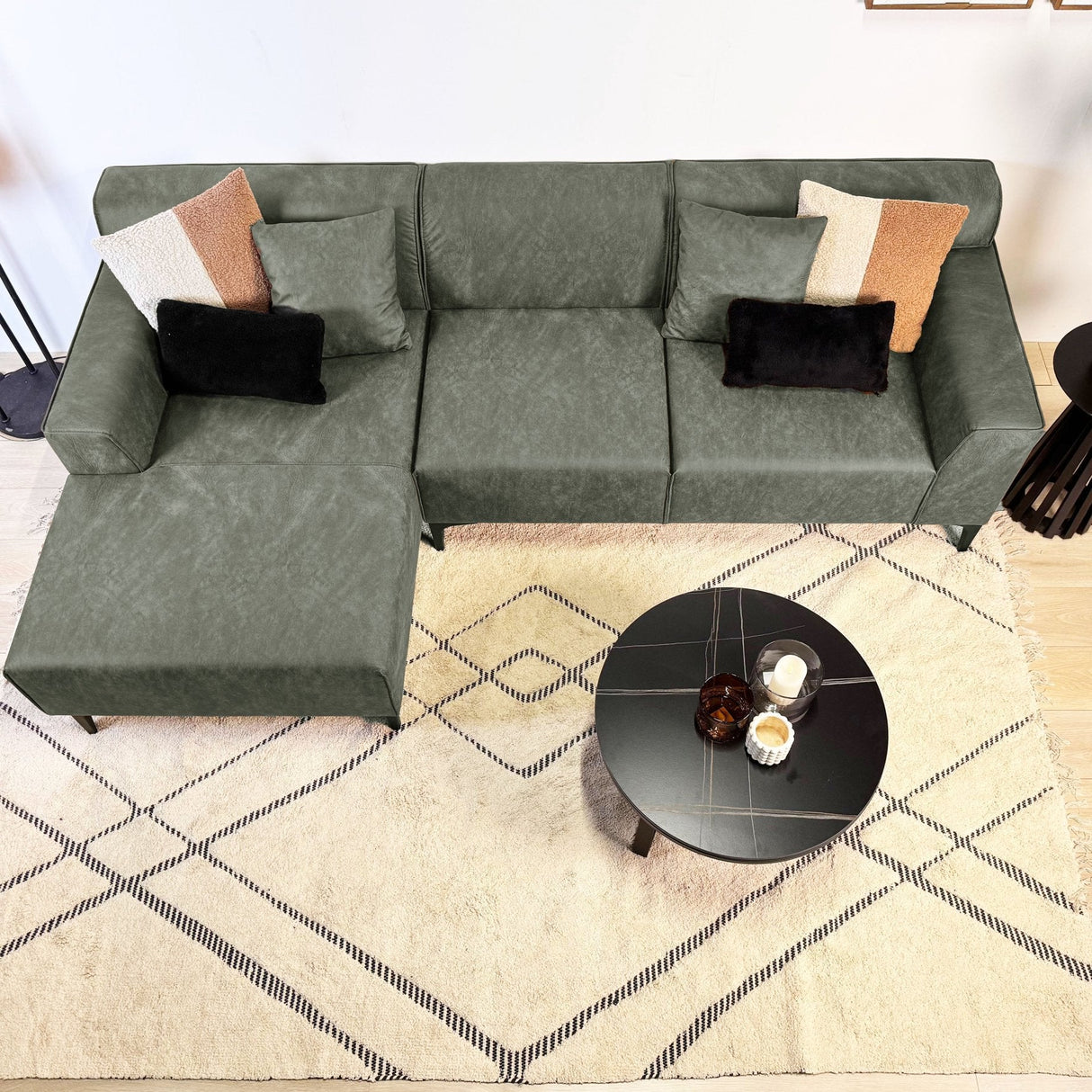 Hoekbank met compacte lounge groen microvezel Davidson - links