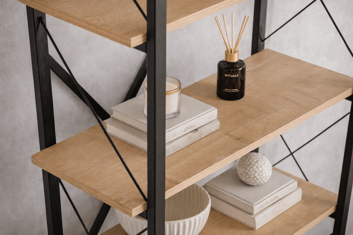 Bibliothèque Industrielle Ely Chêne Mélaminé - Cadre Noir - 180x90 cm