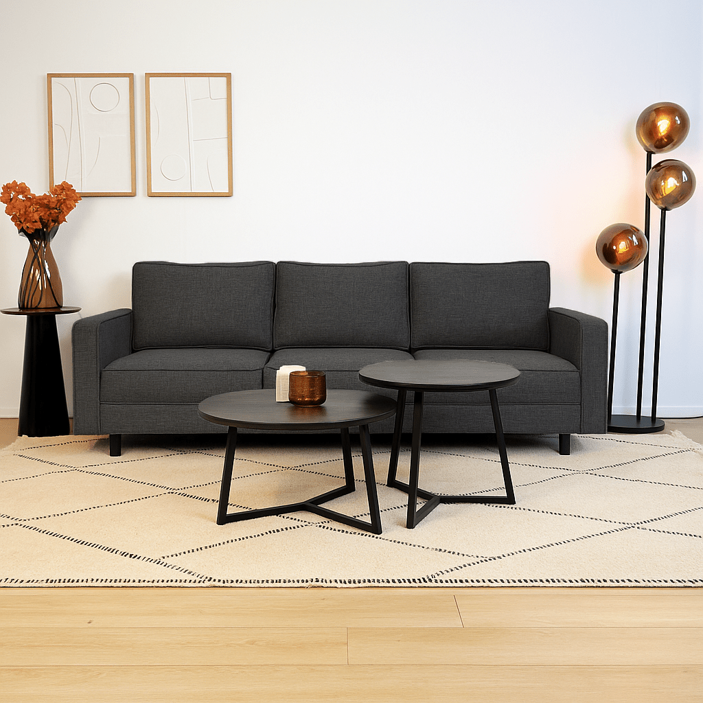 Canapé 3 places Kale en tissu de lin anthracite - coussins confortables