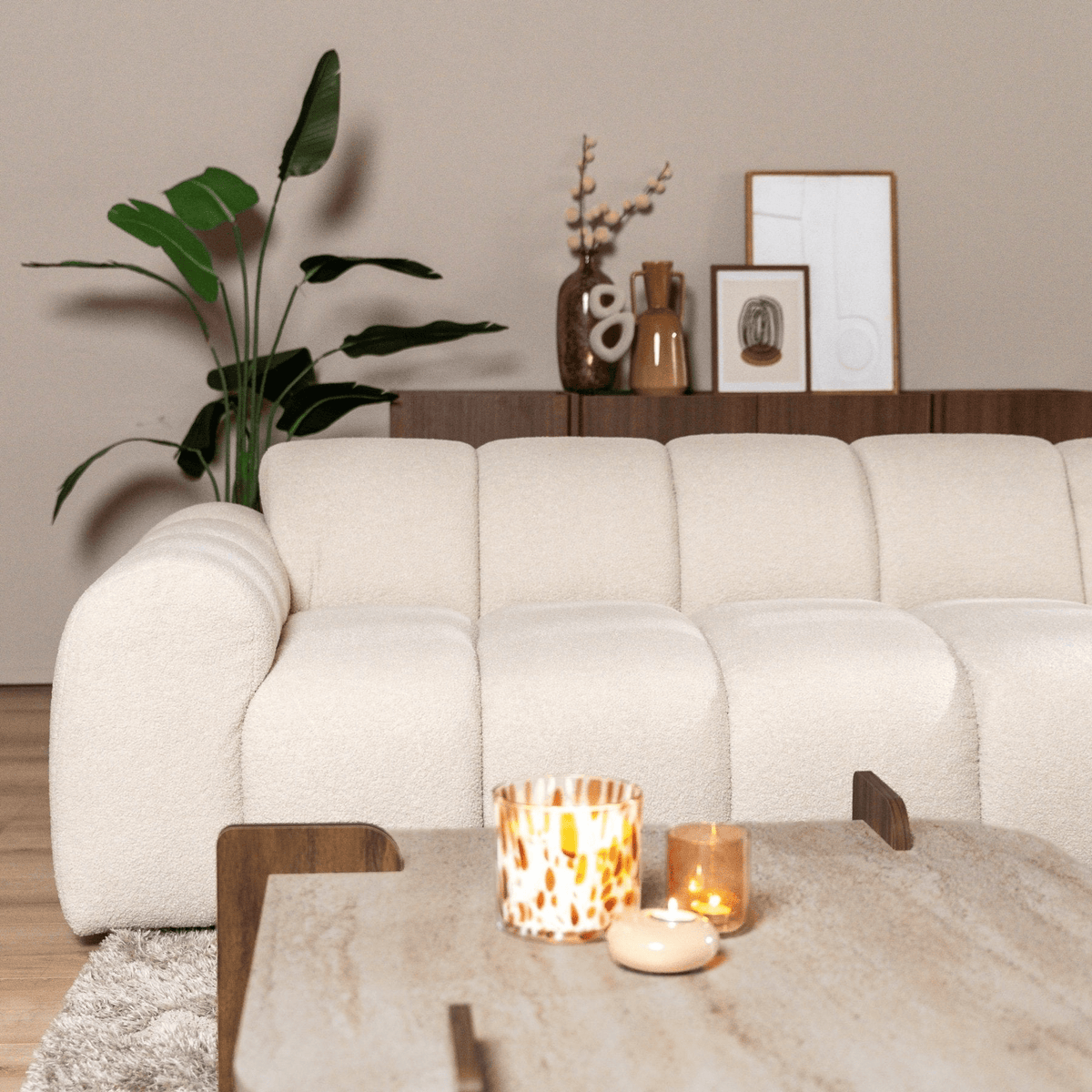 Canapés-Canapé d'angle lounge tissu bouclé beige - rayures - droit - Brix-Dimehouse