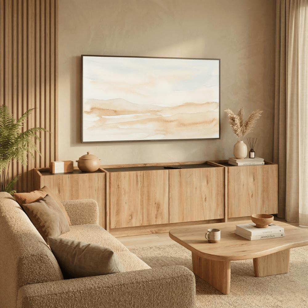 Meuble TV Japandi mélaminé aspect chêne anthracite Lowen 180 cm