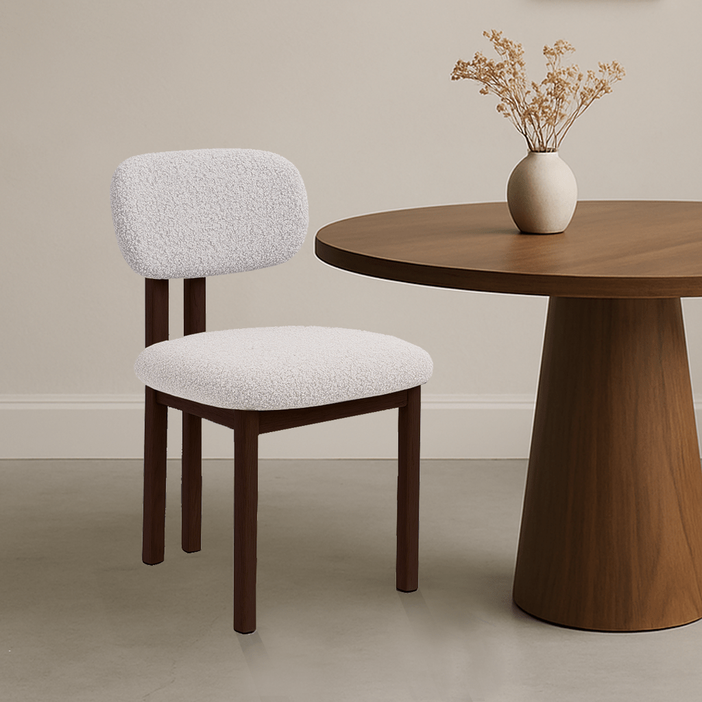 Chaise de salle à manger Japandi Miyo Bouclé Ivoire - Cadre en noyer