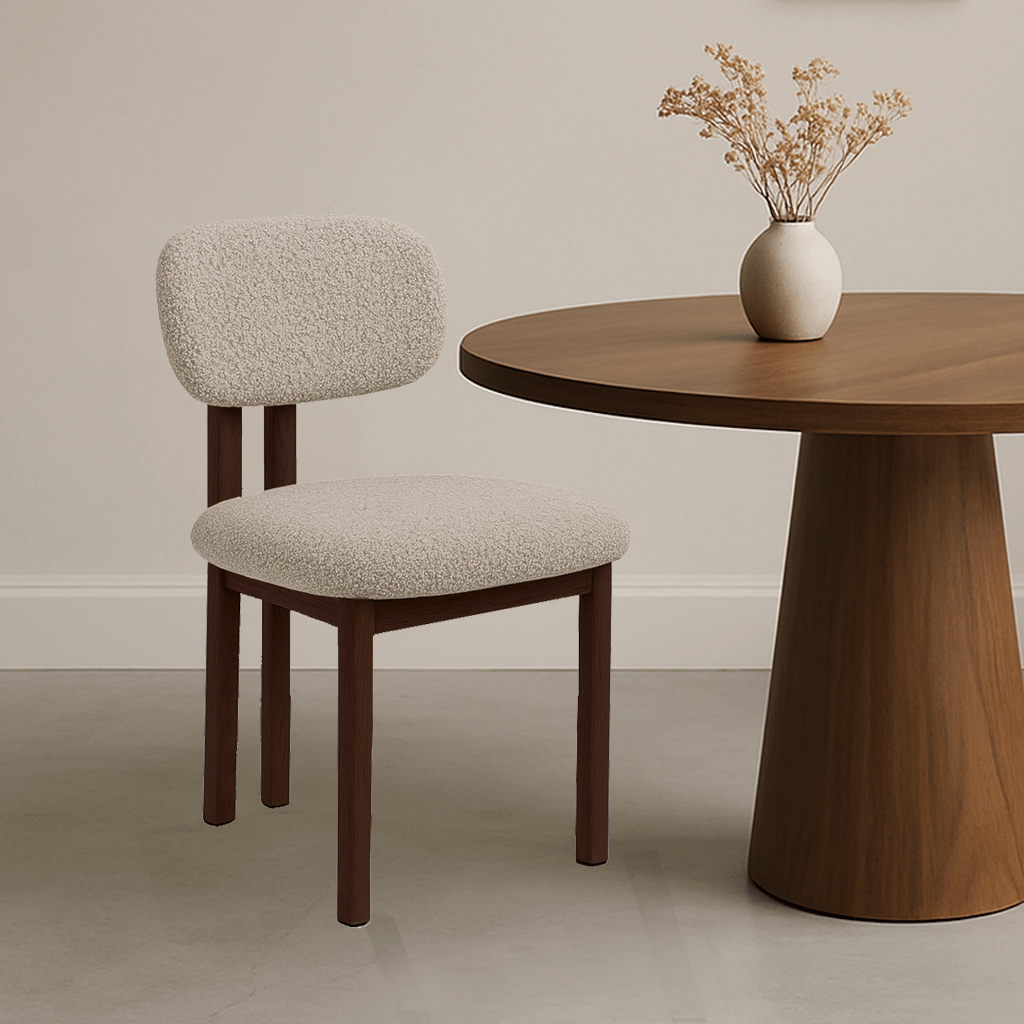 Chaise de salle à manger Japandi Miyo Bouclé Couleur Sable - Cadre en aspect Noyer