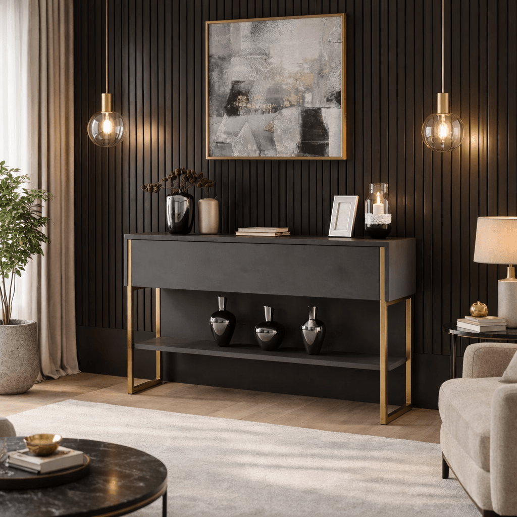 Buffet Moderne Anthracite Luxe 120x80x30 - Cadre Doré - Un Compartiment