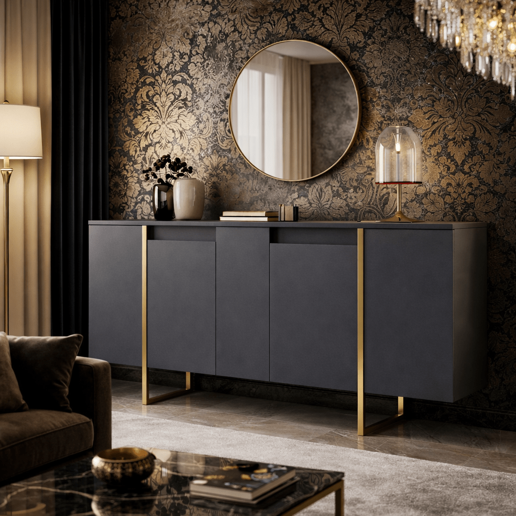 Buffet Moderne Anthracite Luxe 160x80x35 - Cadre Doré