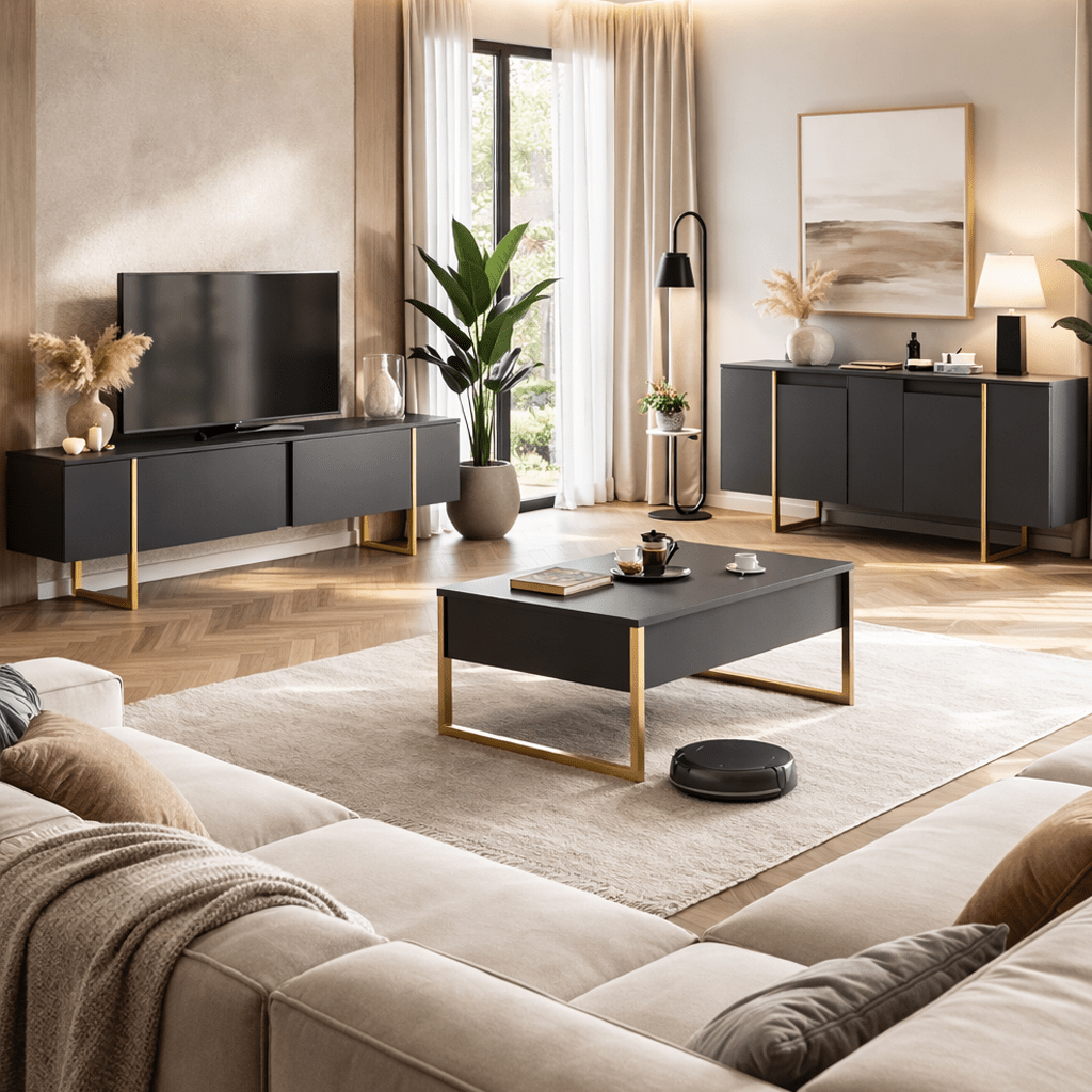 Buffet Moderne Anthracite Luxe 160x80x35 - Cadre Doré