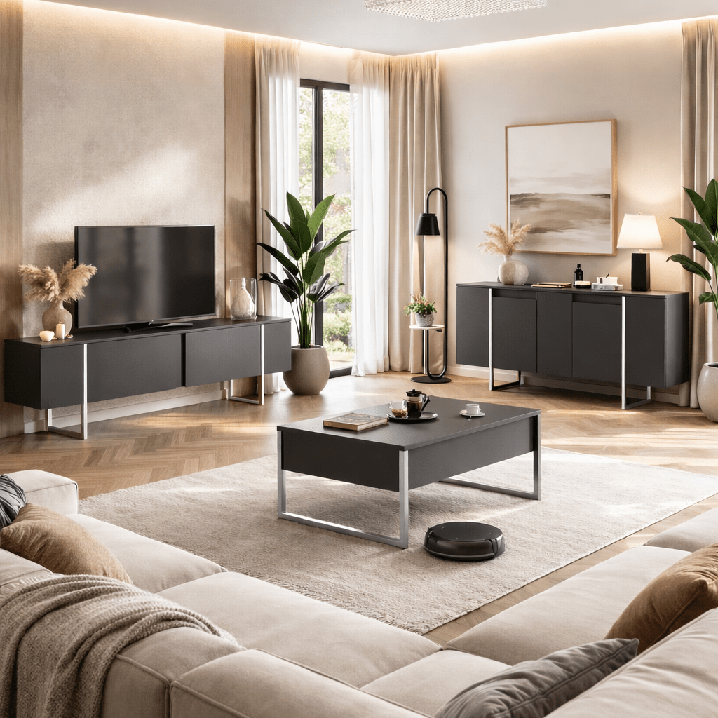 Buffet Moderne Anthracite Luxe 160x80x35 - Cadre Argent