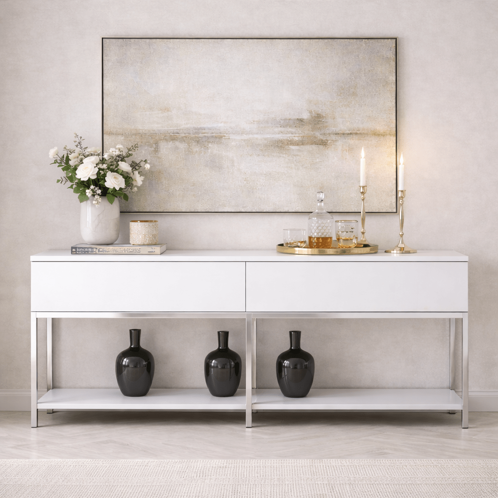 Commode moderne White Lord 150x30x80 - Cadre argenté - Deux compartiments