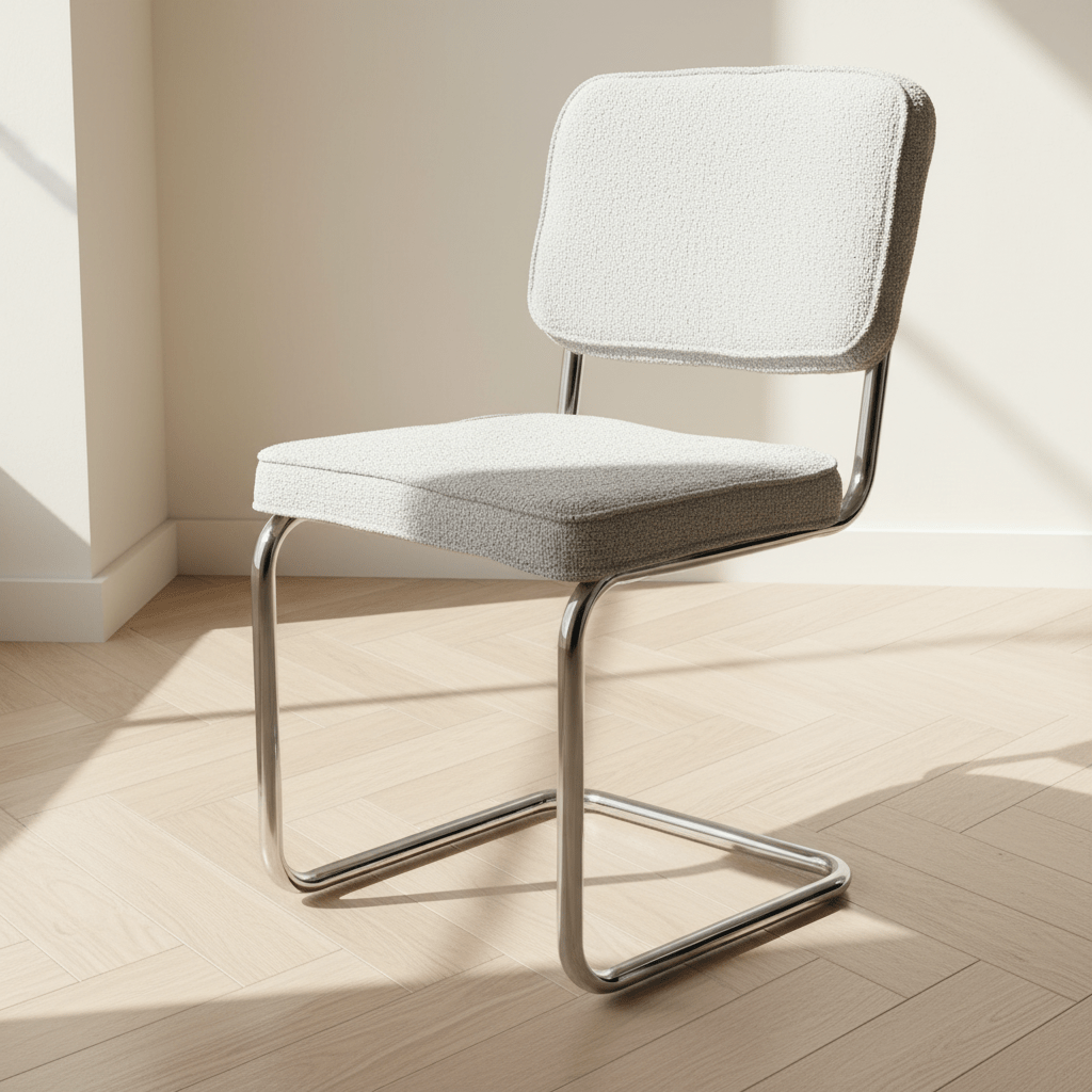 Moderne Eetkamerstoel Grijs Bouclé Stof Sway - Chrome Frame - Zonder Armleuningen