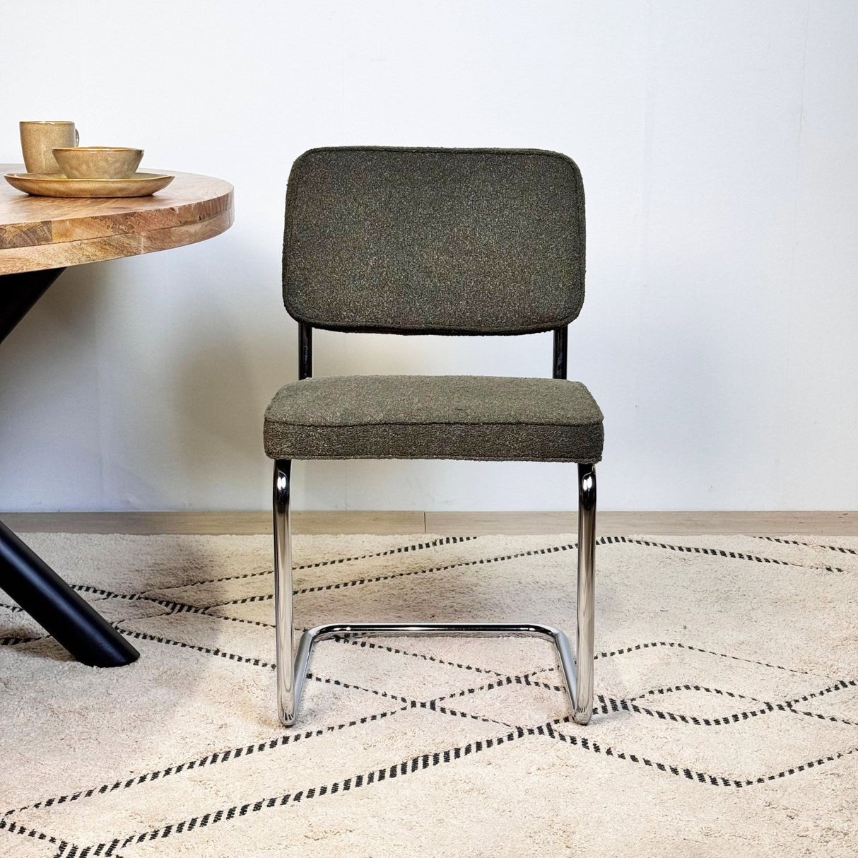 Moderne Eetkamerstoel Groen Bouclé Stof Sway - Chrome Frame - Zonder Armleuningen