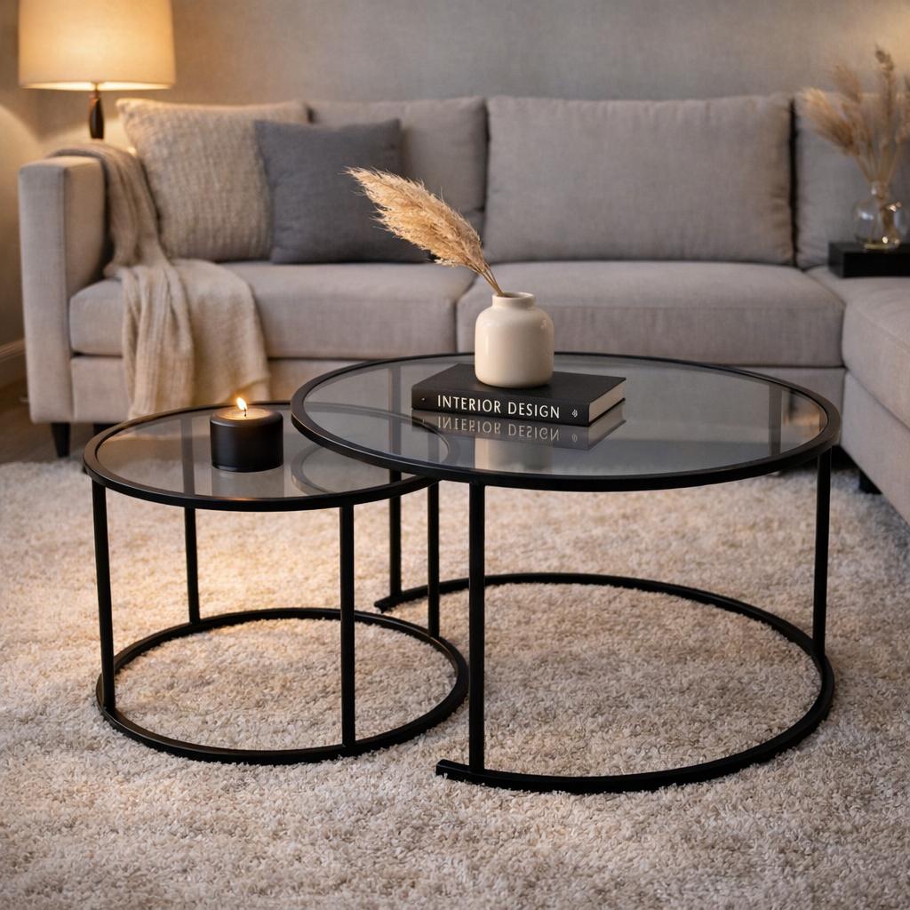 Ensemble de tables basses rondes modernes Uru Noir - Verre Gris - 80/60 cm