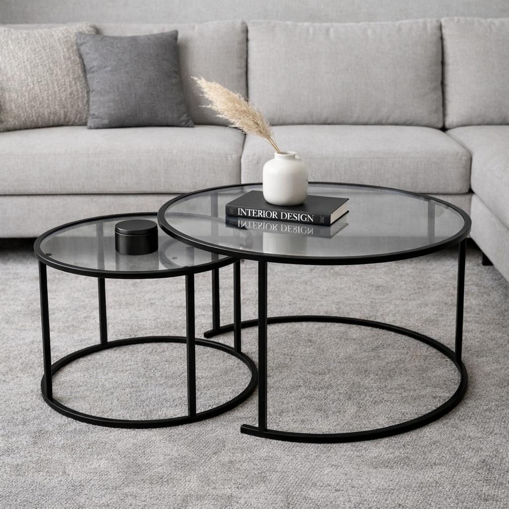 Ensemble de tables basses rondes modernes Uru Noir - Verre Gris - 80/60 cm