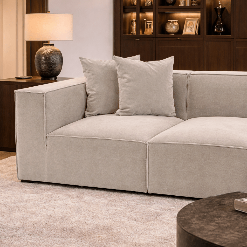 Canapé d'angle modulaire XXL beige en lin 430 cm de large Sora