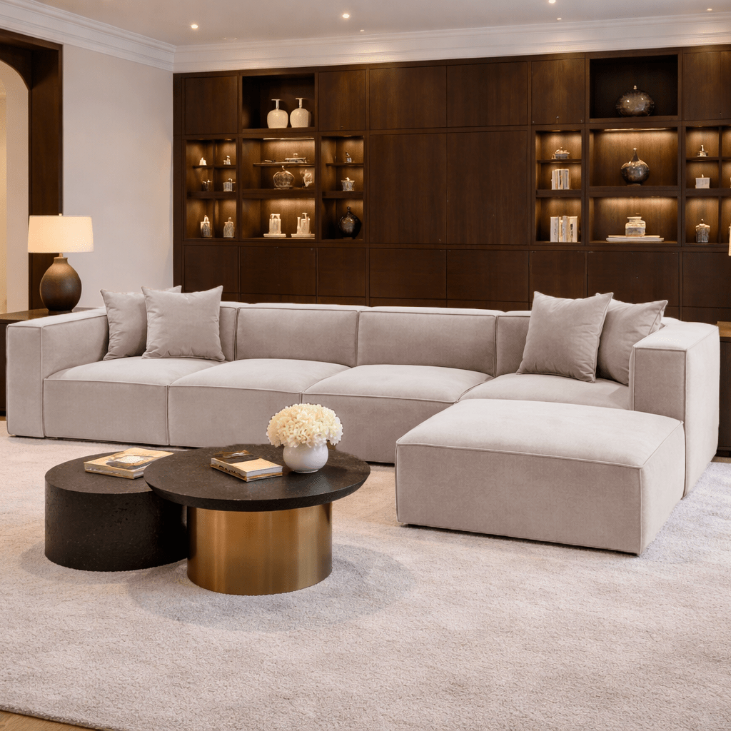 Canapé d'angle modulaire XXL beige en lin 430 cm de large Sora