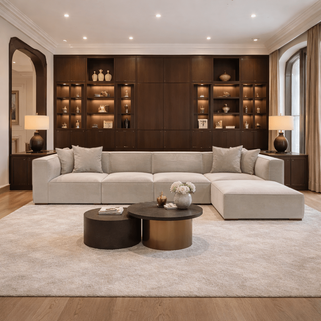 Canapé d'angle modulaire XXL beige en lin 430 cm de large Sora