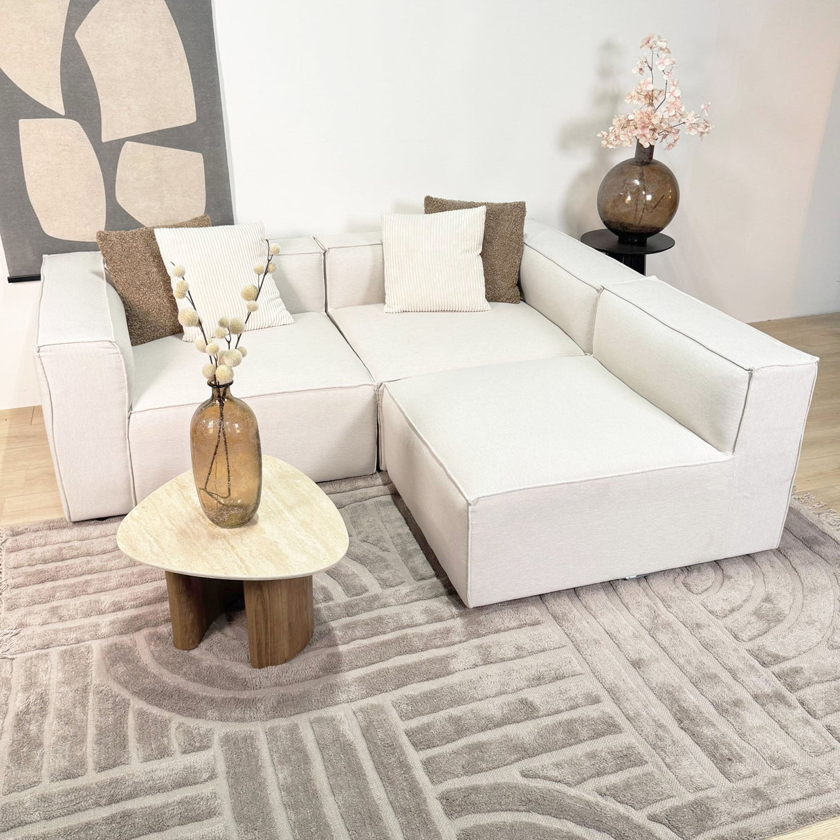 Modulaire hoekbank met losse hocker ecru beige linnen stof Fora - links