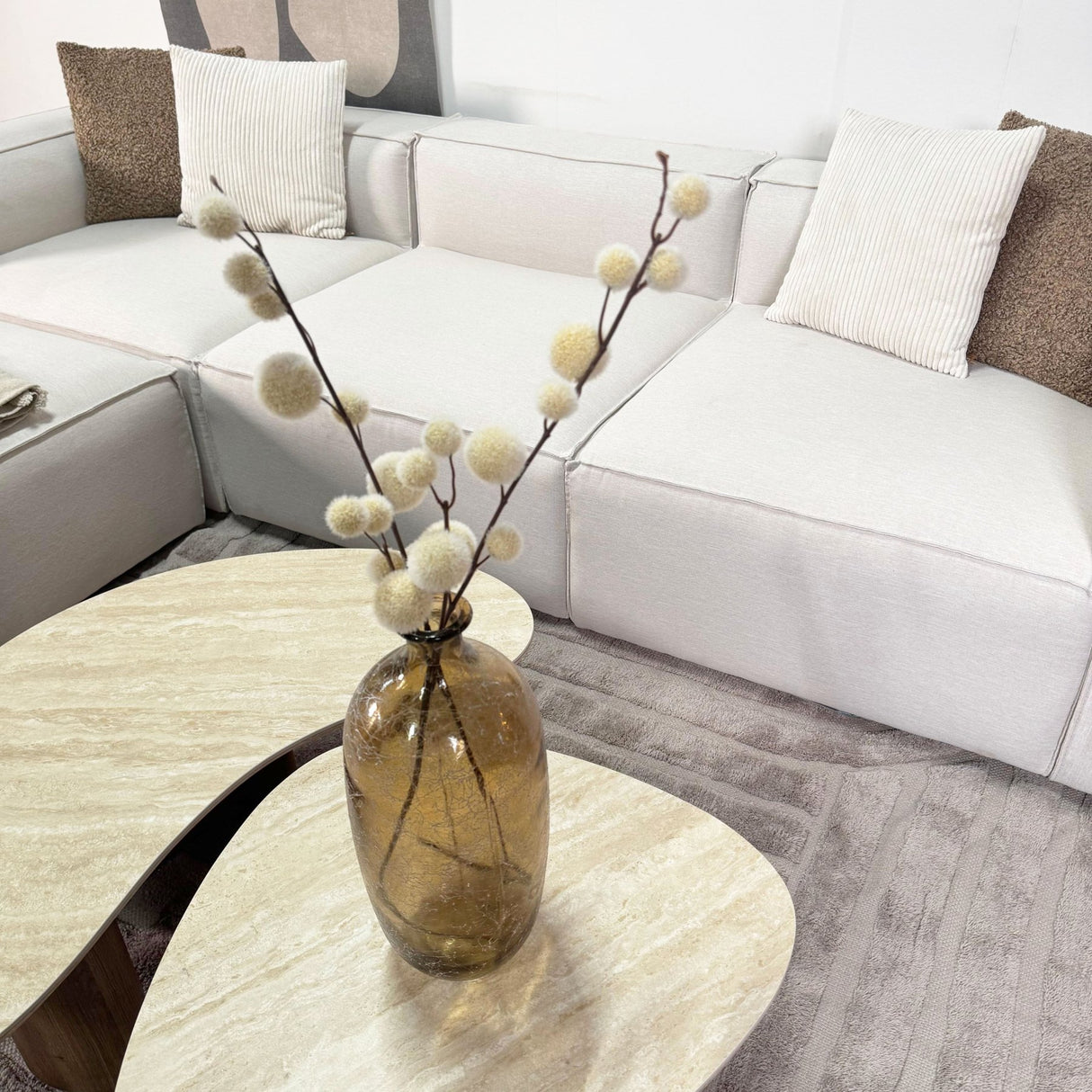 Modulaire hoekbank met losse hocker ecru beige linnen stof Fora - links