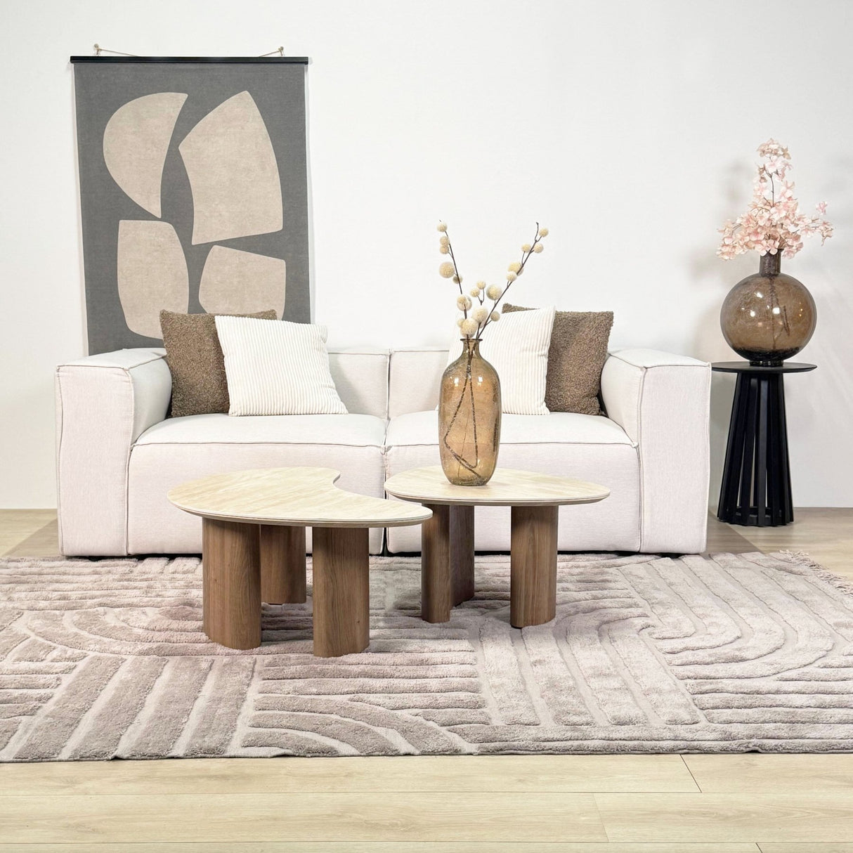 Salontafel set van 2 Jimi travertin blad met walnoot onderstel