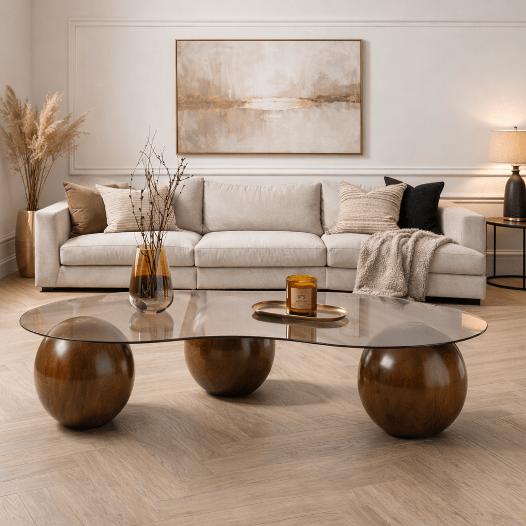 Salontafels - Organische salontafel brons getint glas walnoot bolpoten Sphere 120x70 cm - Dimehouse
