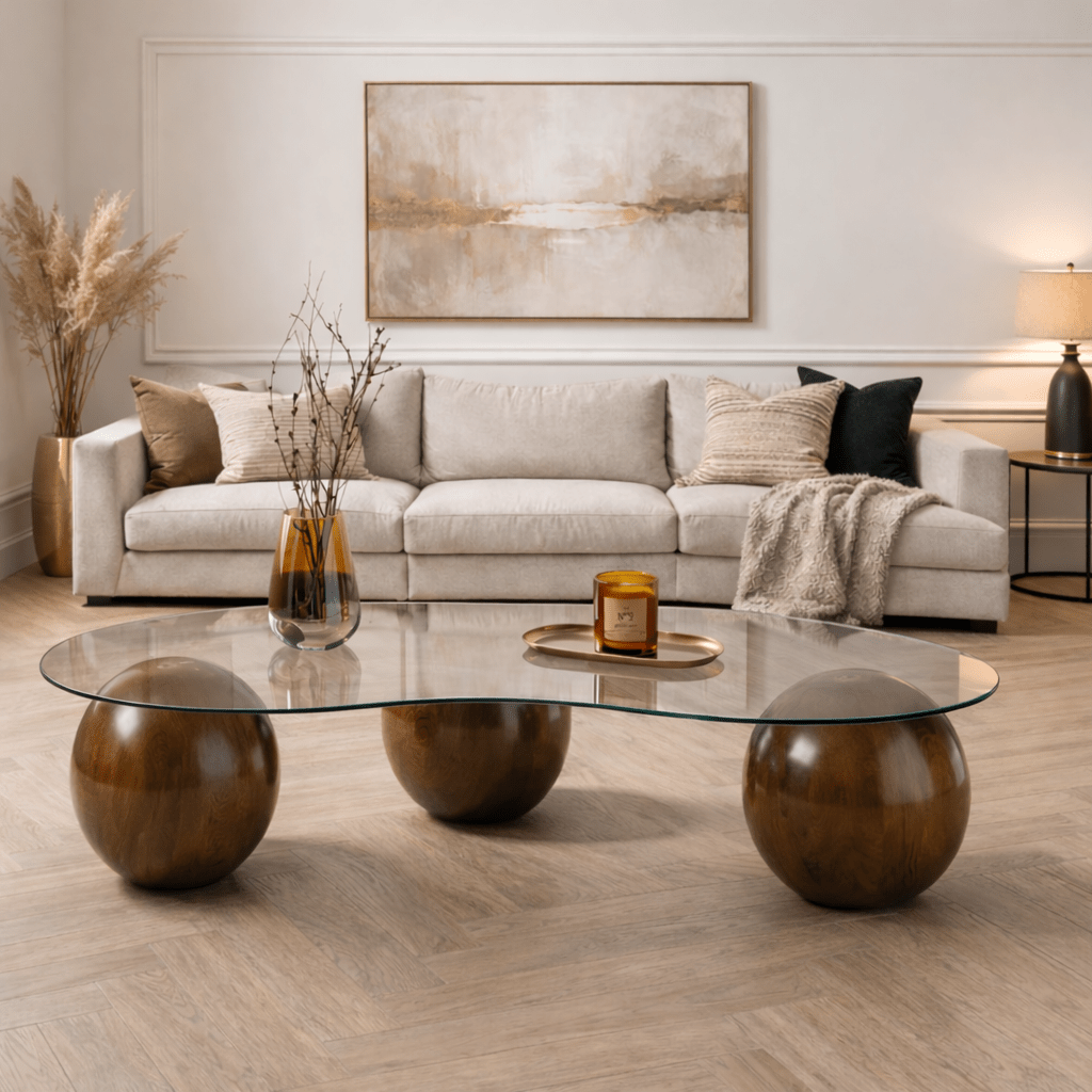 Table basse bio verre transparent noyer pieds boule Sphère 120x70 cm