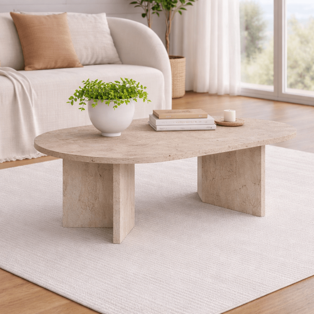 Table basse ovale aspect travertin Sabla - 119x60