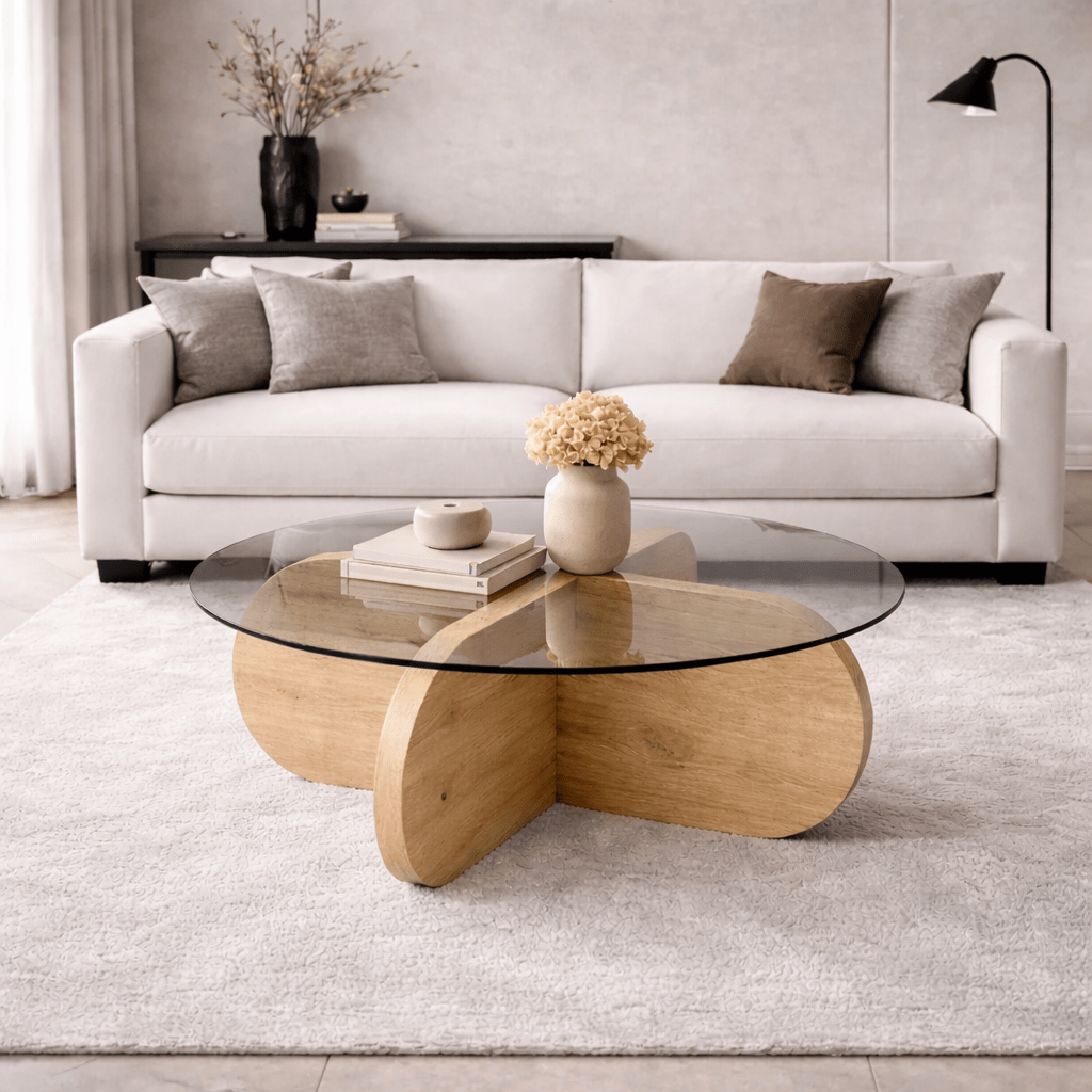 Salontafels - Ronde salontafel Aris eiken look melamine en transparant glas 75 cm - Dimehouse