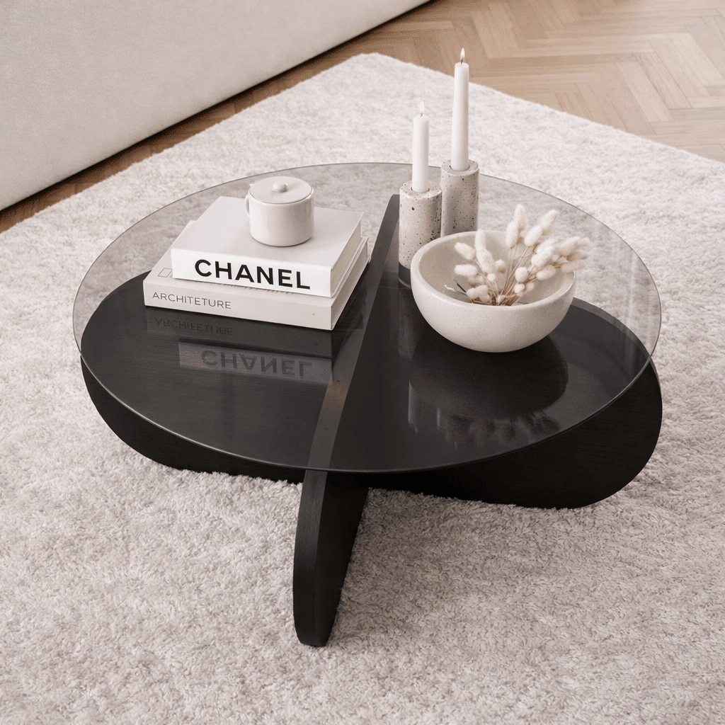 Salontafels - Ronde salontafel Aris zwart melamine en transparant glas 75 cm - Dimehouse