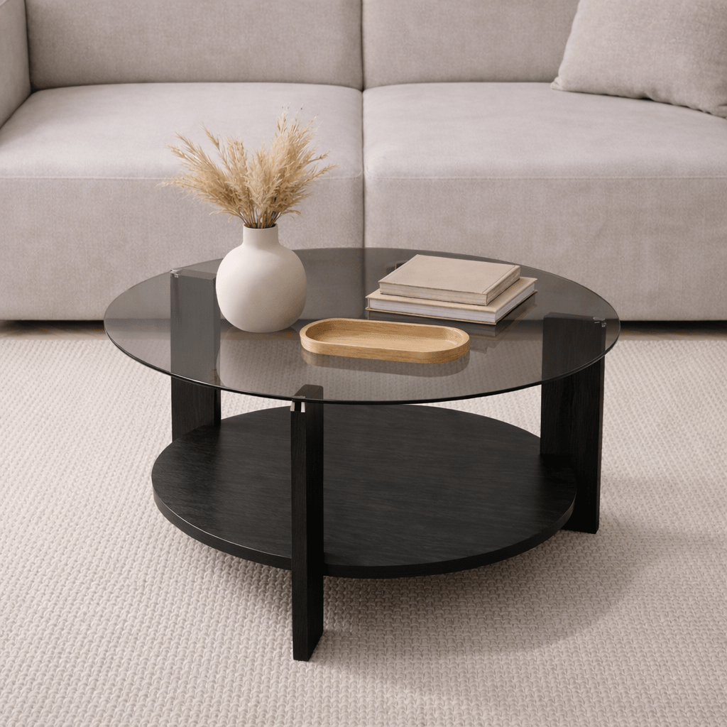 Salontafels - Ronde salontafel zwart melamine rookglas Ø75 cm - Cairo - Dimehouse