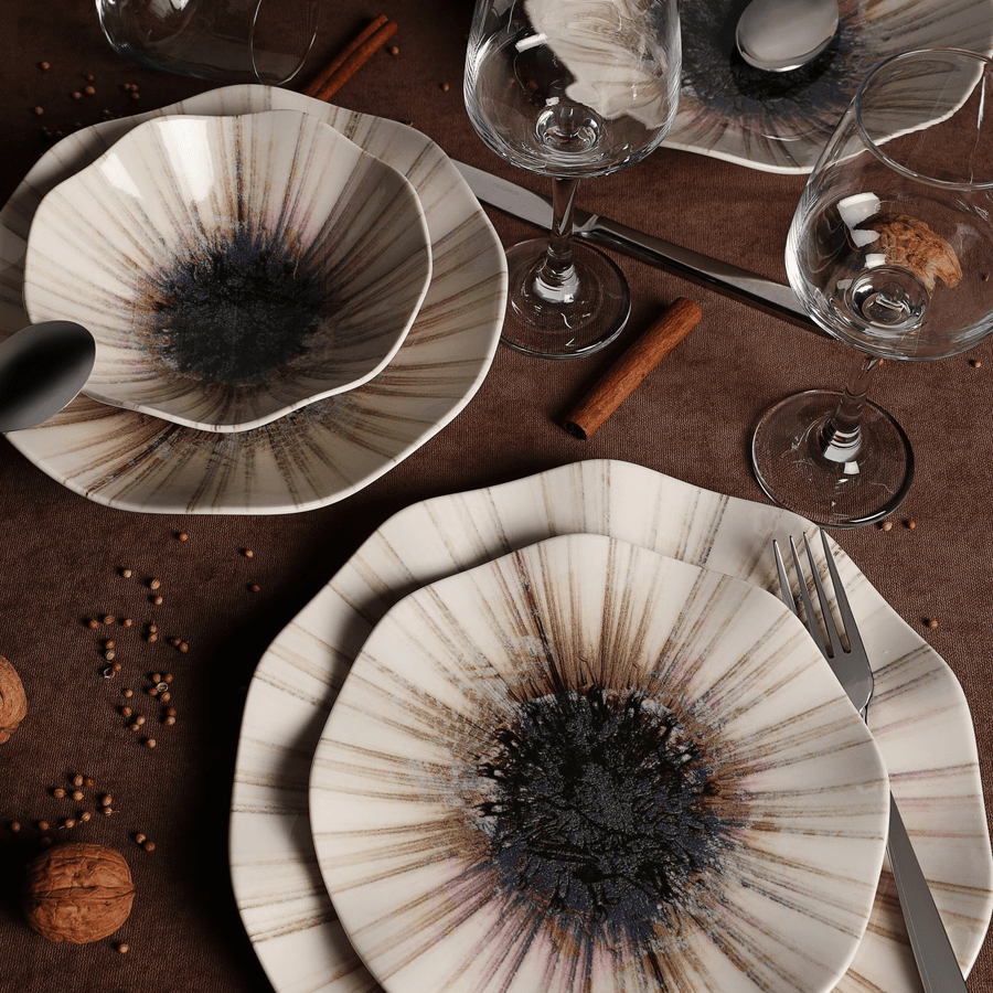 Servies set porselein - 24 delig - Beige met zwart - Solar