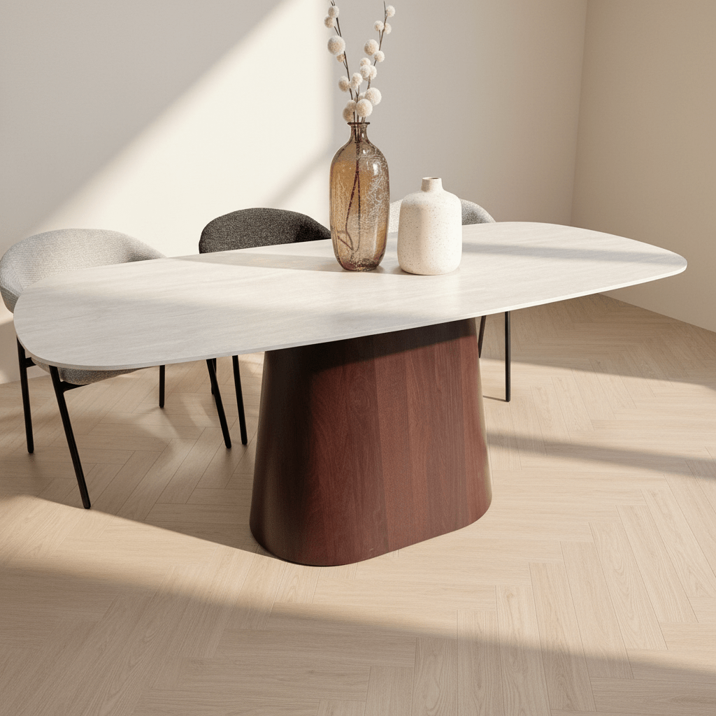Table à manger en travertin aspect marbre en pierre frittée Lea 180x90 cm - Structure en noyer - Ovale danois