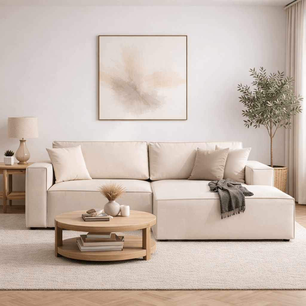 Canapé-lit en tissu beige - avec espace de rangement - angle droit - 260 x 170 cm - Pirlo