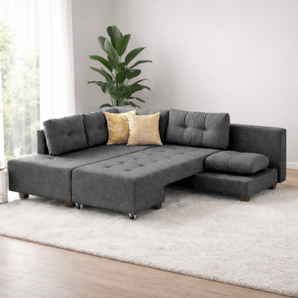 Canapé lit tissu anthracite - XL 280x206 cm - à roulettes - Gauche - Manama