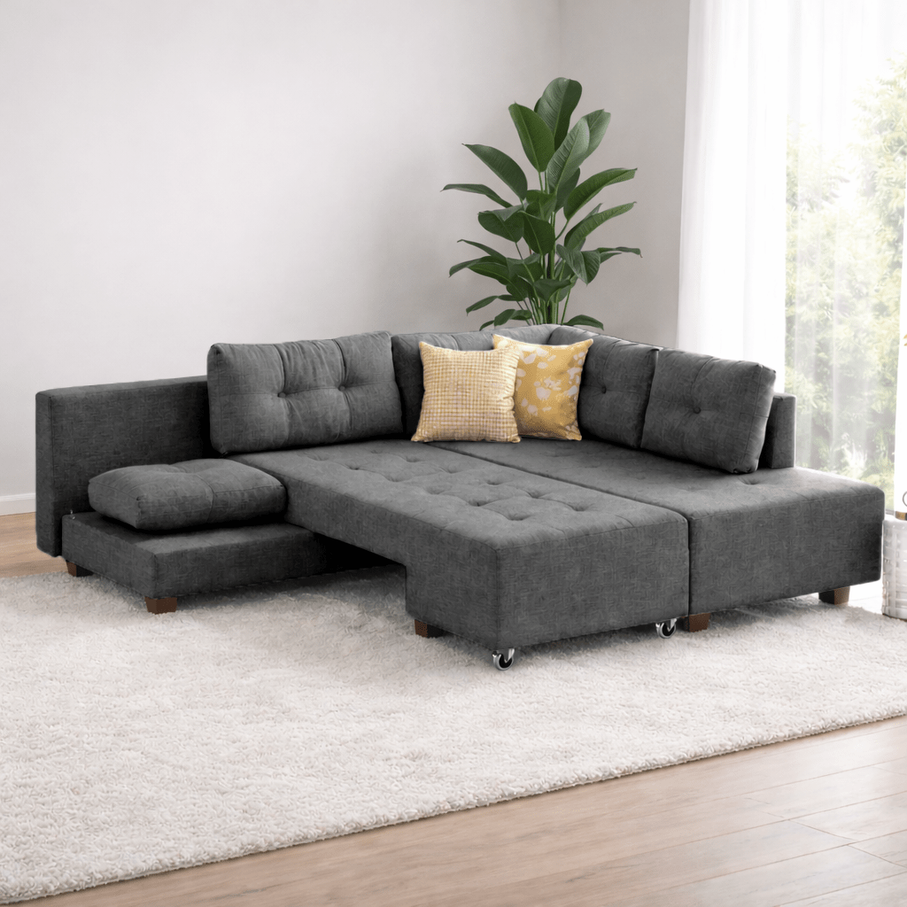 Canapé lit tissu anthracite - XL 280x206 cm - à roulettes - Droite - Manama