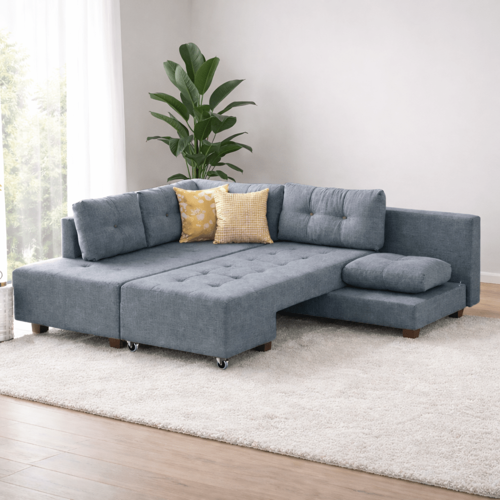 Canapé lit tissu bleu clair - XL 280x206 cm - à roulettes - Gauche - Manama