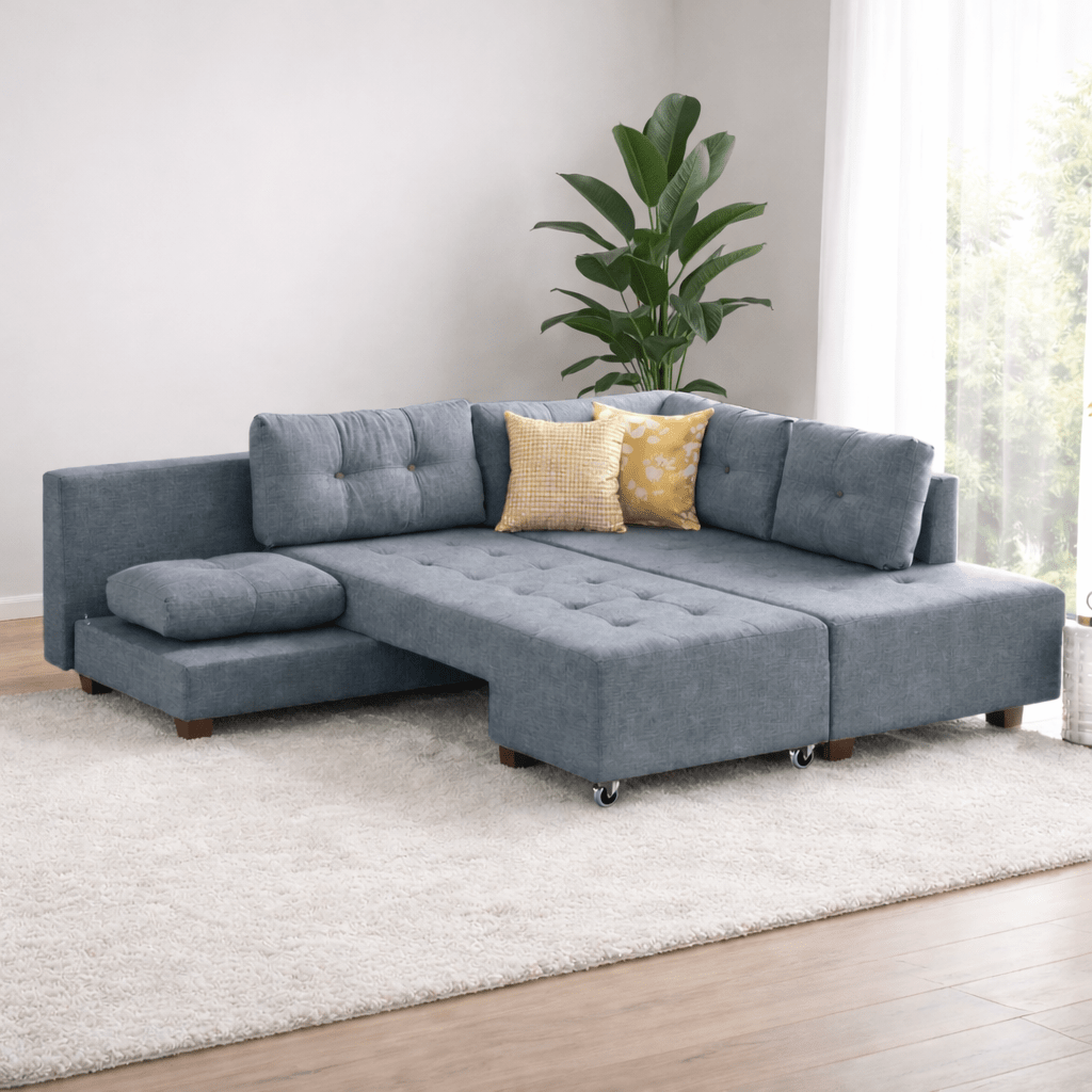 Canapé lit tissu bleu clair - XL 280x206 cm - à roulettes - Droite - Manama