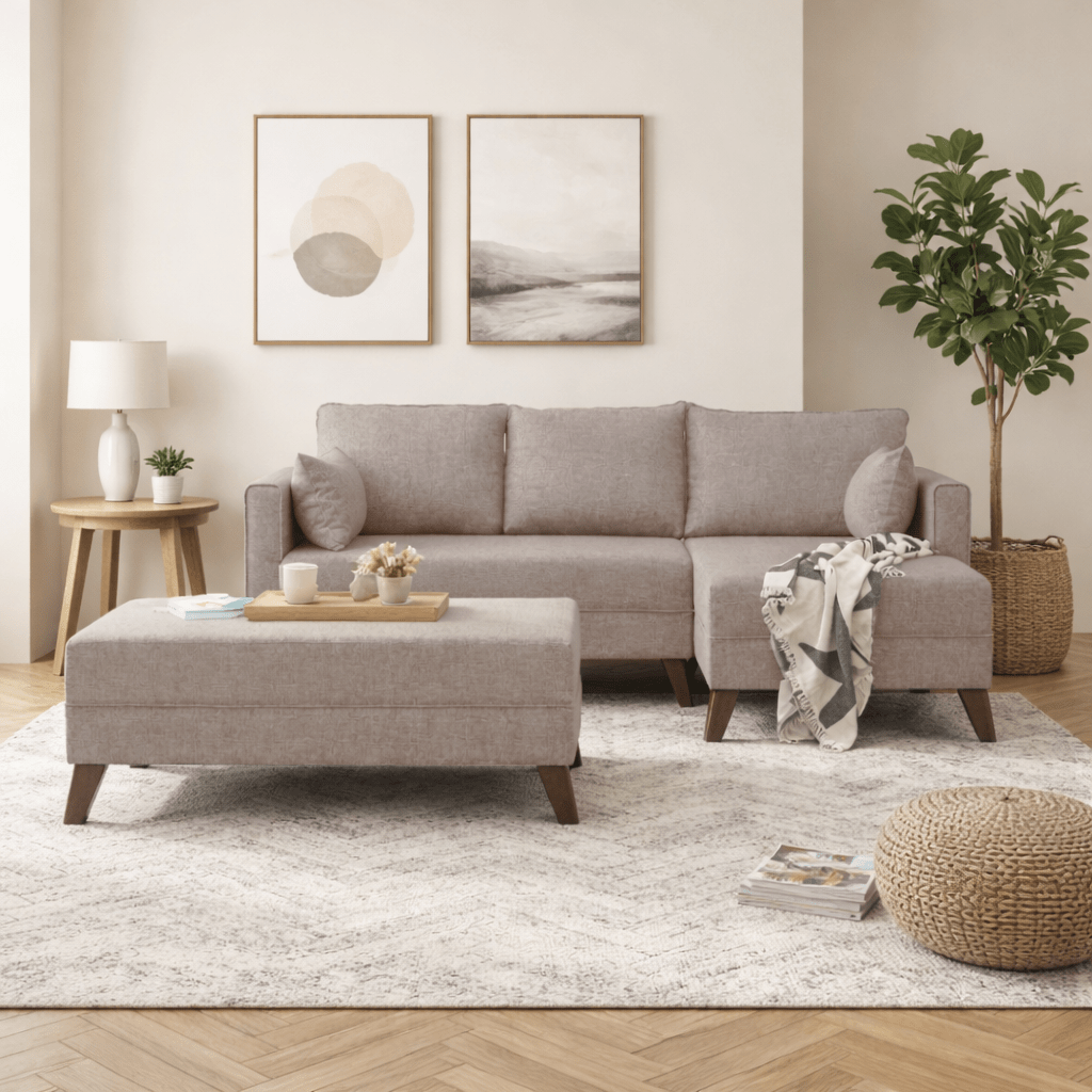 Slaapbank champagne stof - hoekbank inclusief hocker - Rechts - Bella